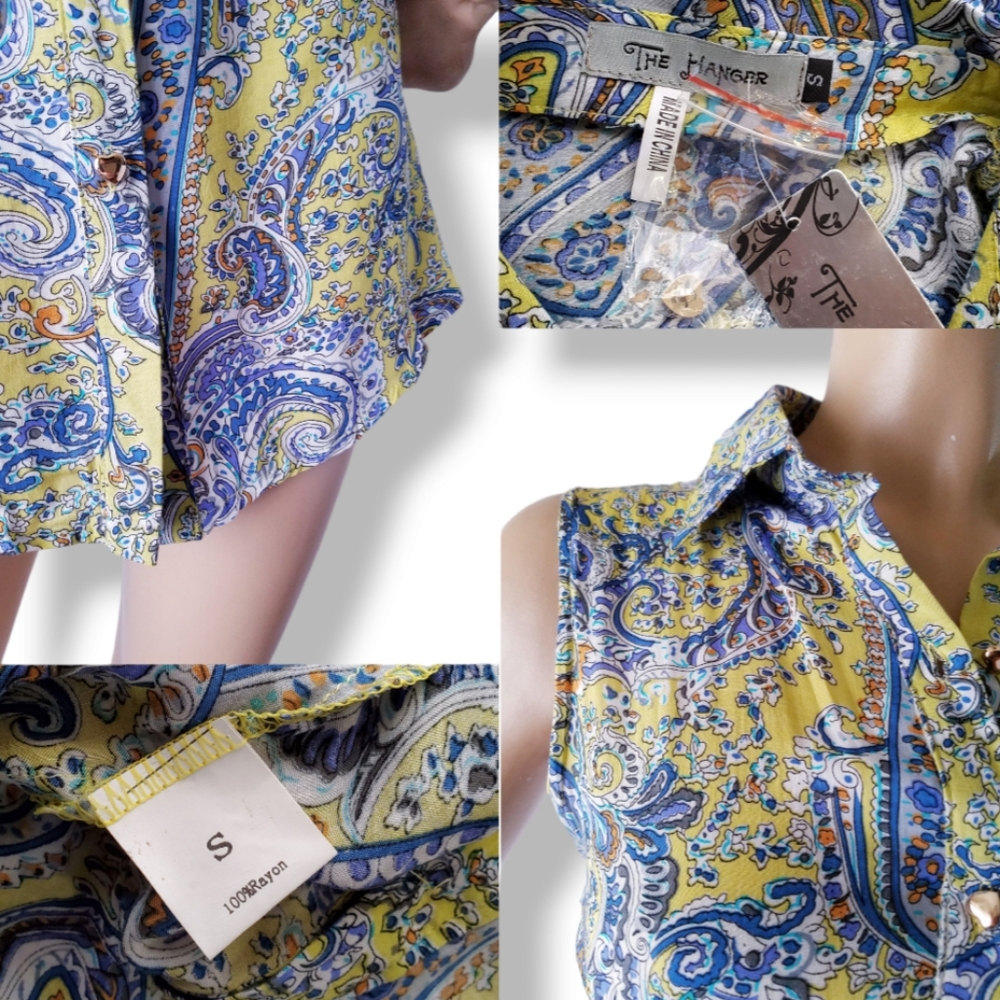 The Hanger Paisley Blue, & Yellow Criss Cross Cutout Waist Collared Dress - Picture 7 of 9